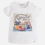 Kremowa koszulka Mayoral z nadrukiem i odkrytymi ramionami dla dziewczynki